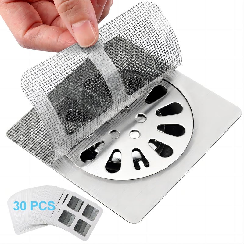 Itlovei 30 PC Disposable Shower Drain Hair Catcher Stickers 4"x4" Strong Adhesive Mesh Covers for Bathroom, Kitchen & Laundry Easy Apply & Remove - Image 1